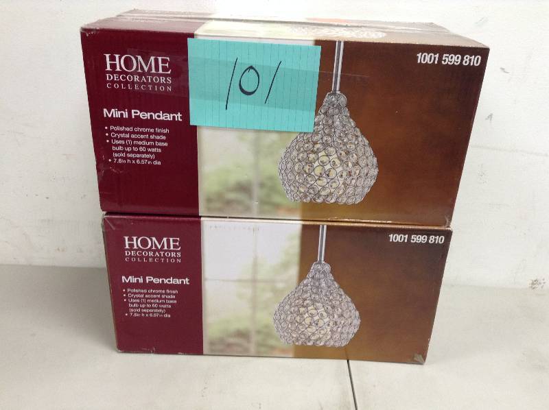 lot 101 image: Lot of 2 Home Decorators Collection 1-Light Polished Chrome Pendant with Clear Crystal Accents Set Individually in Metal Rings open box never used