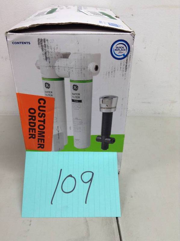 lot 109 image: GE Dual Flow Water Filtration System Model # GXK285JBL open box never used