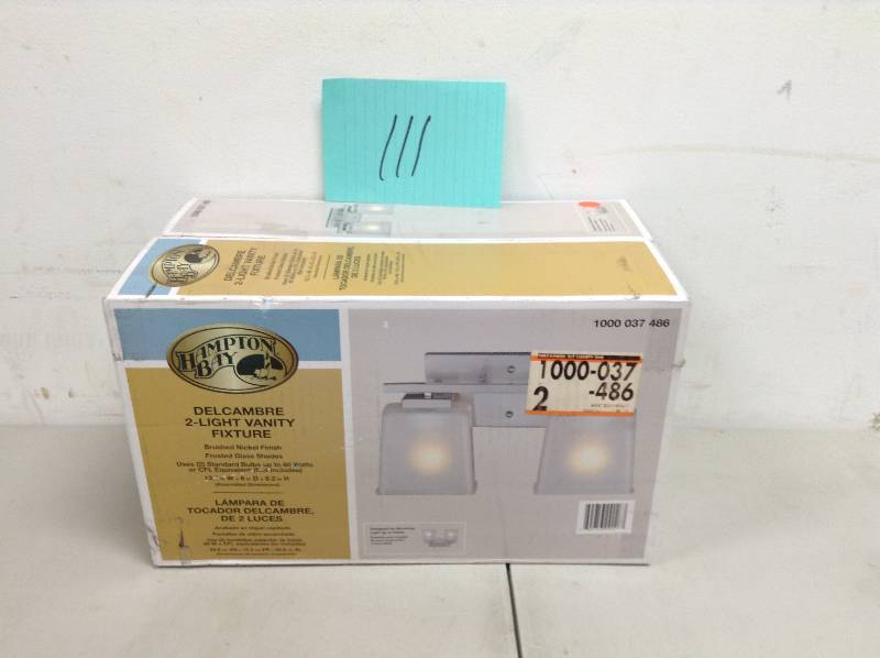 lot 111 image: 2-Light Brushed Nickel Wall Vanity Fixture open box never used