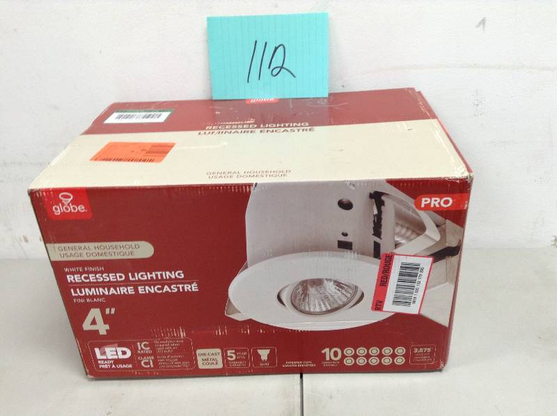 lot 112 image: Globe Electric 4 in. White Dimmable Recessed Lighting Kit (10-Pack) open box never used
