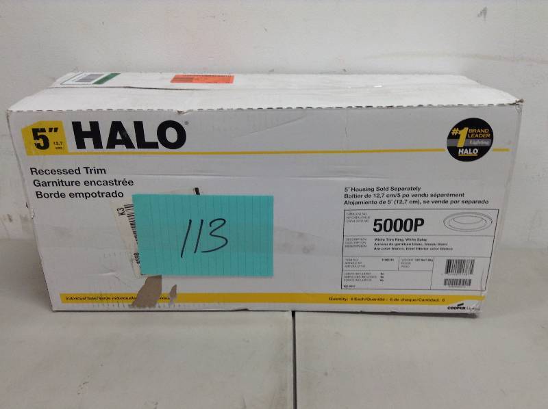 lot 113 image: Lot of 6  Halo 5 in. White Recessed Lighting Open Splay Trim open box never used
