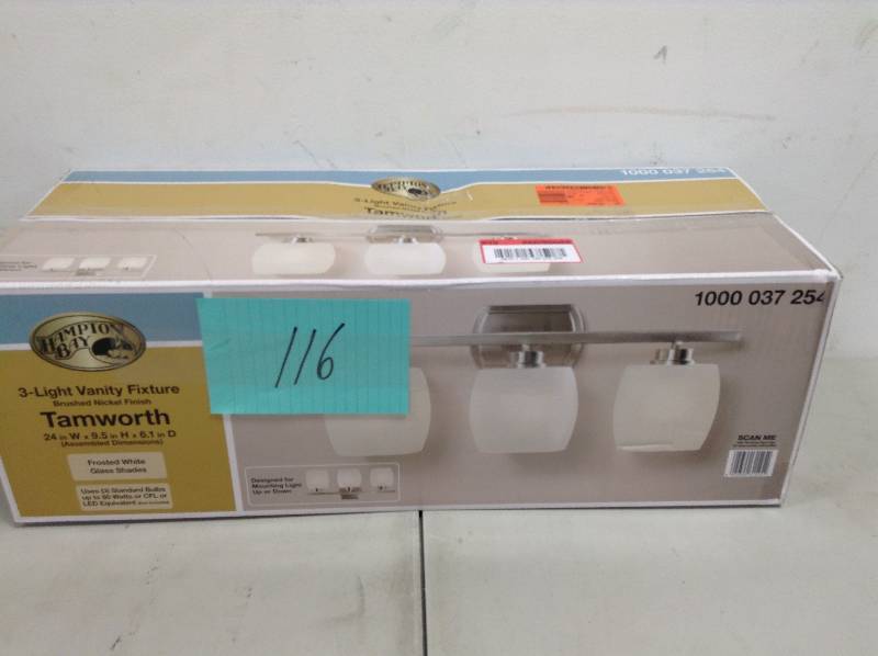 lot 116 image: Hampton Bay Tamworth 3-Light Brushed Nickel Vanity Light open box never used