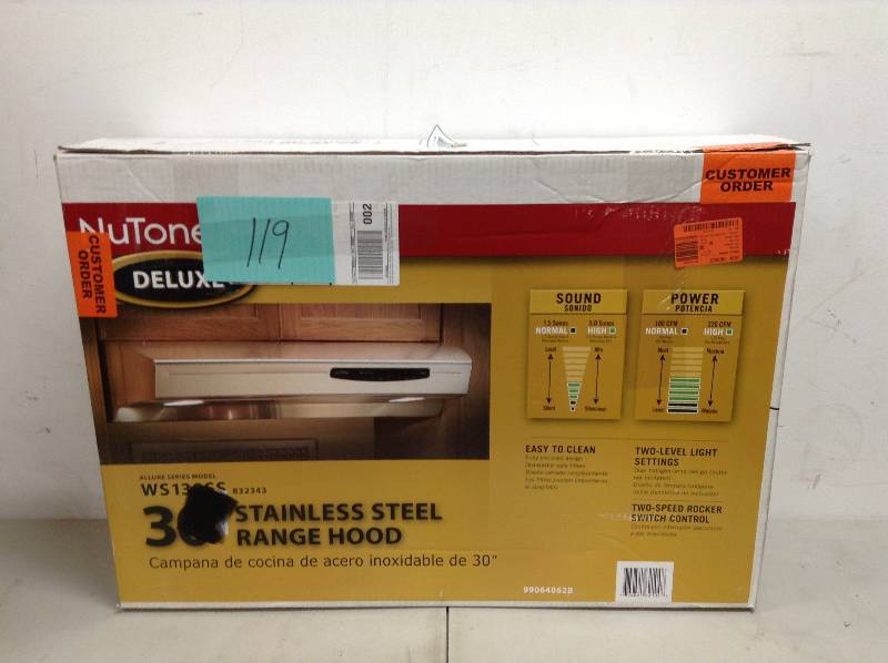 lot 119 image: NuTone Allure I Series 30 in. Convertible Range Hood in Stainless Steel open box never used Model # WS130SS