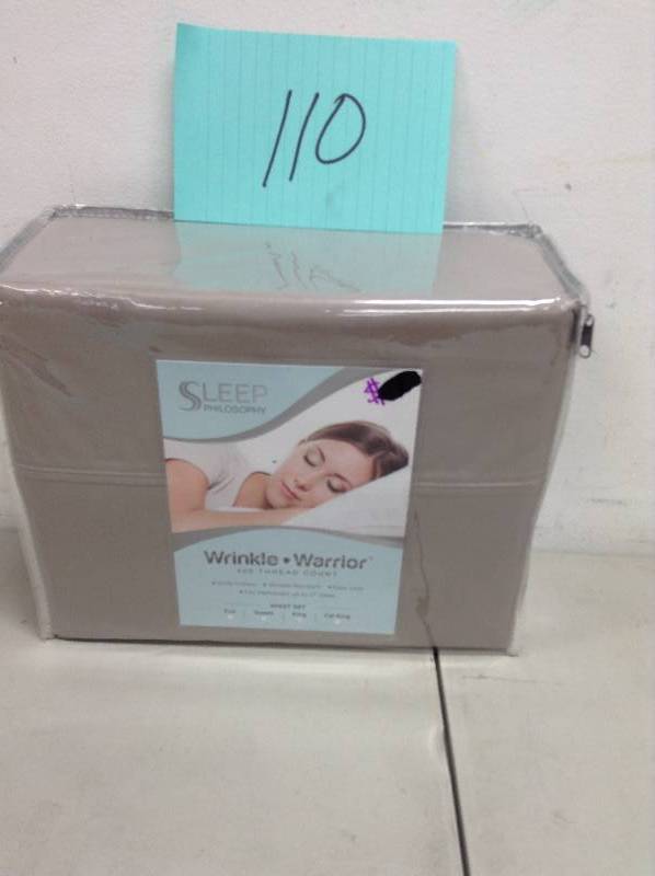 lot 110 image: Sleep Philosophy Wrinkle Warrior 400-Thread-Count King Sheet Set in Taupe New