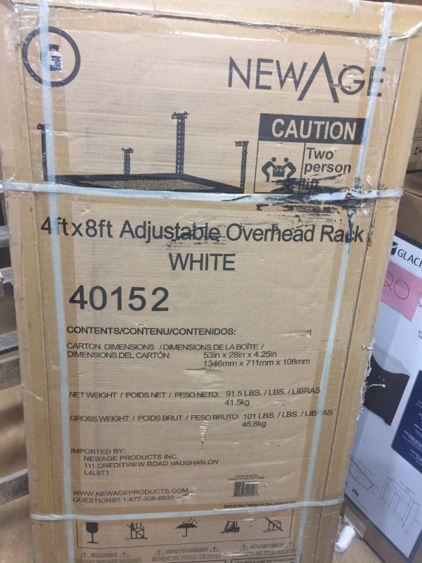 lot 129 image: NewAge Products Performance 96 in. L x 48 in. W x 42 in. H Adjustable VersaRac Ceiling Storage Rack in White New