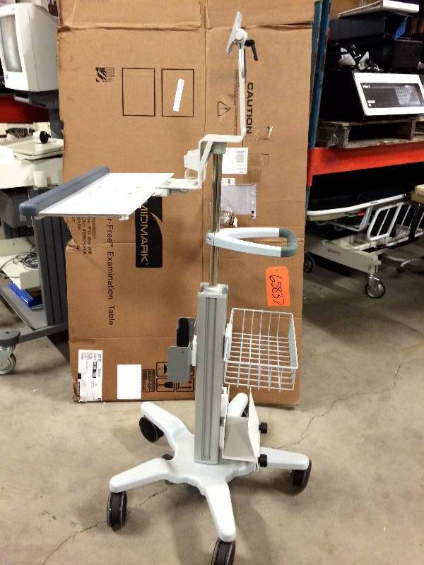 lot 32 image: Retails Used $600 Polymount GCX 5 Wheel Ergotron Style Sit Stand Height Adjustible Mobile PC Desktop Computer & Monitor Workstation Cart Portable Desk W Extra DOUBLE Slide Out Table Mousepad One Sold On Ebay $250 Stand Only I want one