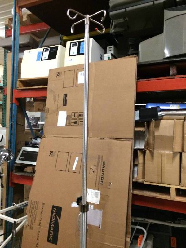 lot 48 image: REtails Used $250 MEdical Grade HEavy Duty Stainless Steel Height Adjustable Deluxe 4-Hook I.V. Stand IV Pole 5 Wheel Mobile Rolling I V - Many Other Uses For this Stand - Excellent
