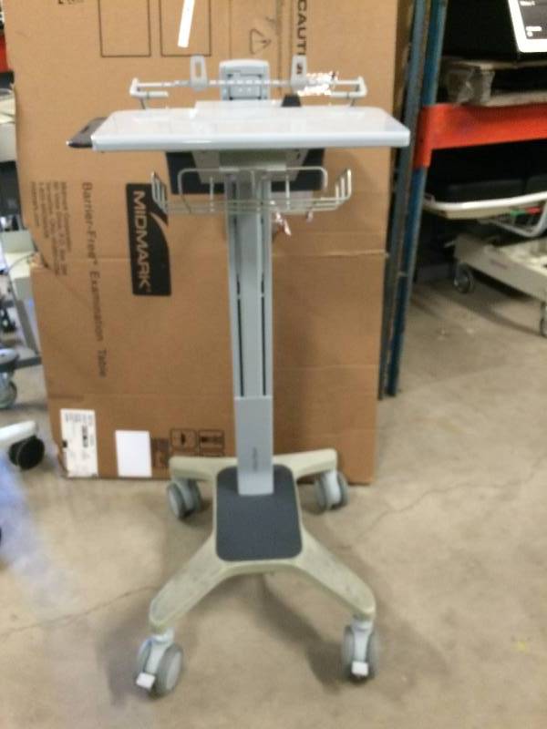 lot 37 image: Retails Used $600 Ergotron Sit Stand Height Adjustible Mobile PC Desktop Computer & Monitor Workstation Cart Portable Desk W Extra Slide Out Table Mousepad & STorage Locking Wheels - I want one