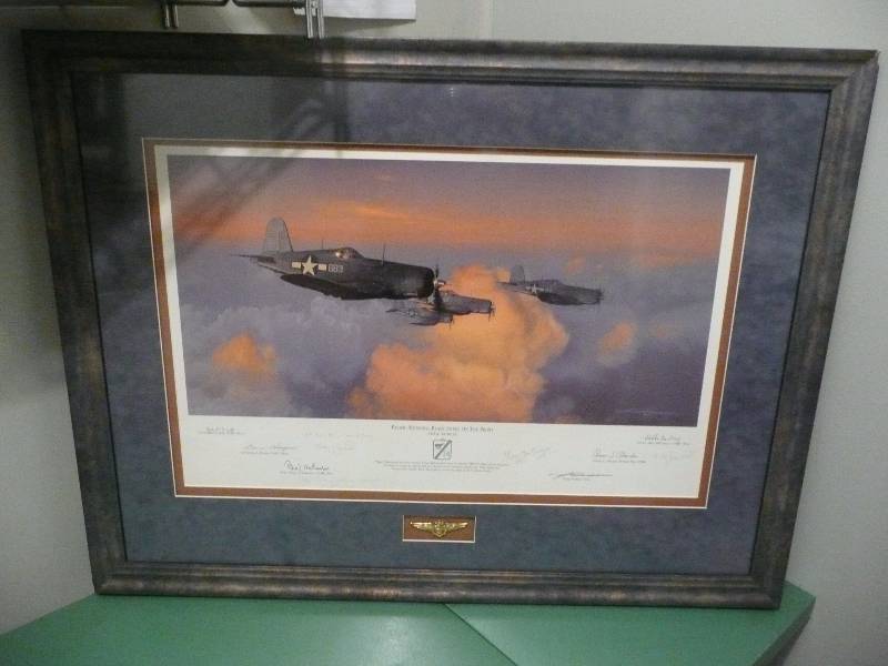 lot 8 image: Pacific MorningBlack Sheep On The Prowl By Craig Kodera - Signed By Remaining Black Sheep Squadron - Approx 34wide 27high - Professionally Framed
