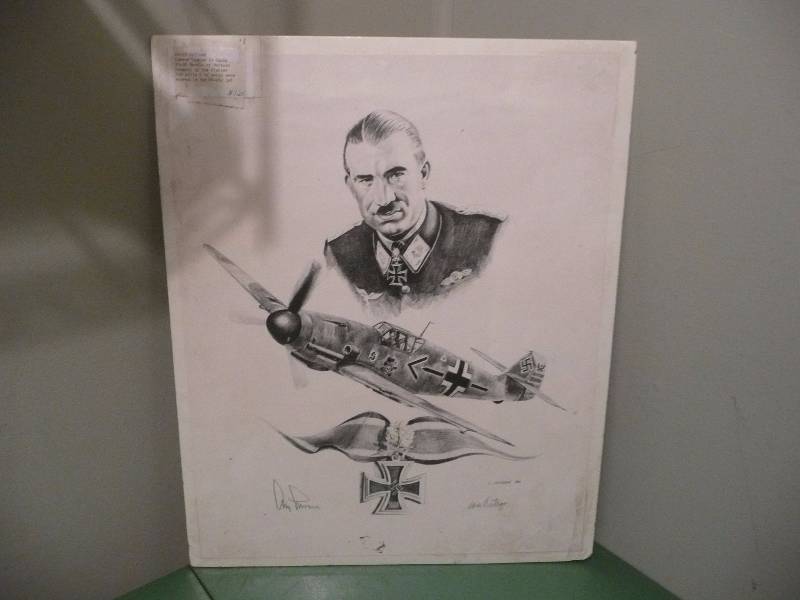 lot 16 image: Adolf Galland - Condor Legion In Spain JG-26 Battle of Britain - General of The Fighter 104 Kills 6 of which were scored in the ME-262 Jet - Signed by Pilot & Artist - Approx 16wide 20high