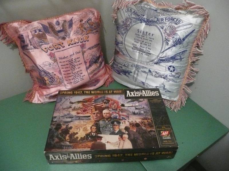 lot 73 image: 2 WWll Pillows (GI Purchases) & Axis & Allies Game - Never Used In Box