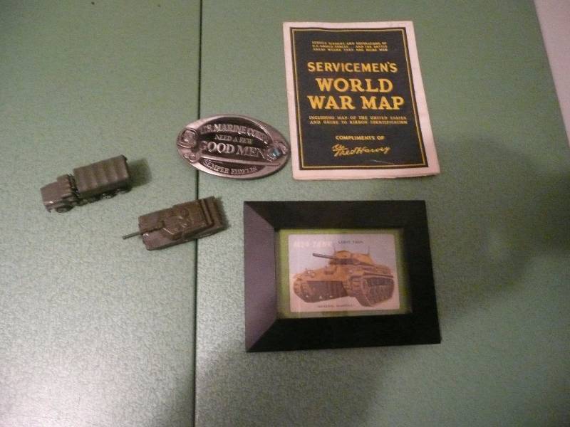 lot 87 image: Framed 1950s M24 Tank Card, Servicemans World War Map & Vintage Tank & Truck - All Original Pieces - Nice Group - See Pictures