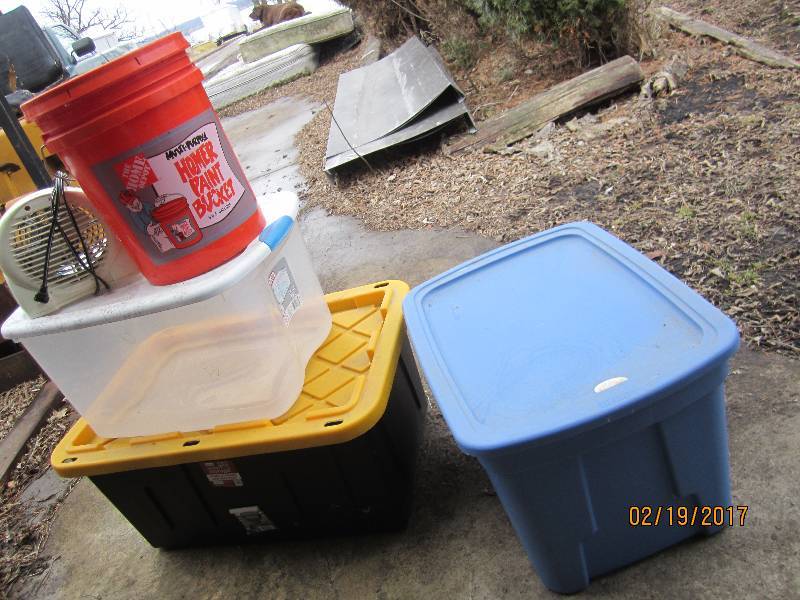 Lot of plastic totes, bucket and sm...