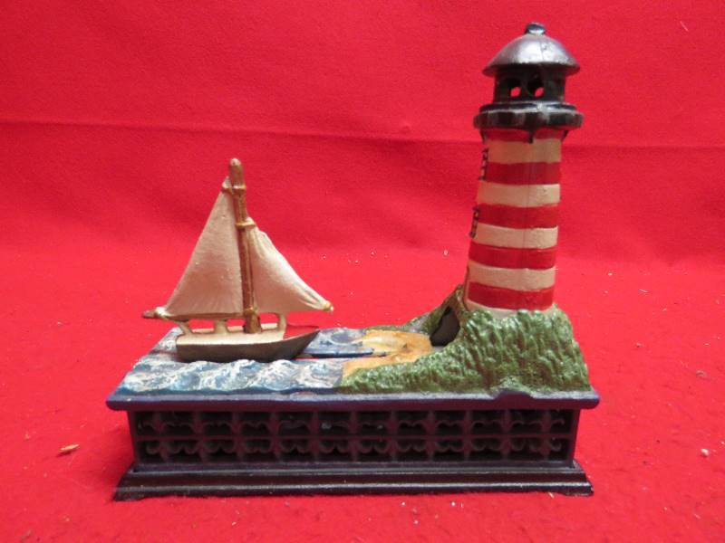 Sail Away Lighthouse cast iron mechanical coin bank Vintage