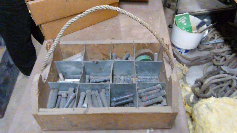 lot 102 image: Vintage Wood Box with misc. electrical supplies