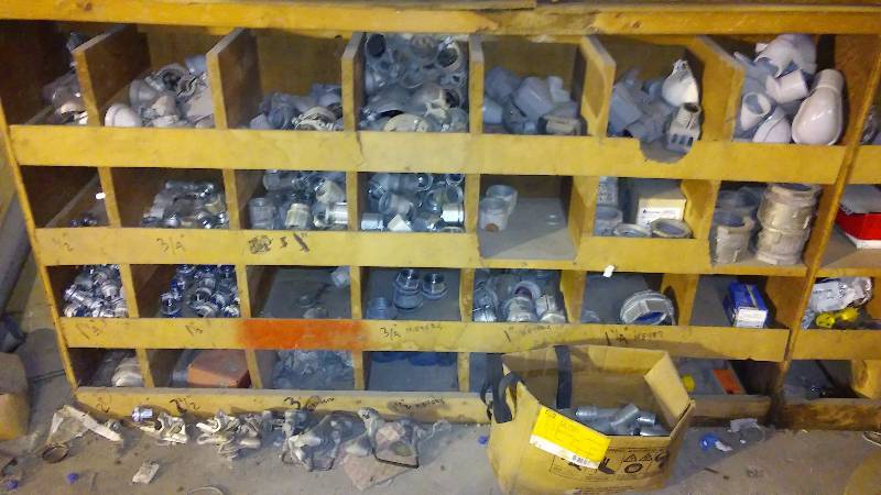 lot 295 image: 28 Bin Lot, Galvanized Box and Conduit Supply Pieces