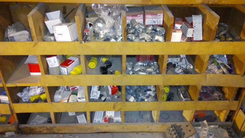 lot 296 image: 24 Bin Lot, Galvanized Box and Conduit Supply Pieces