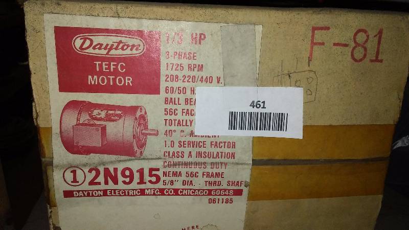 lot 461 image: Dayton TEFC Motor, 13 HP 3 phase