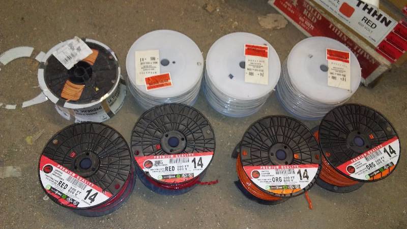 lot 606 image: (8) 500 ft. each No. 14 Wire, Red (2) Orange (3) White (3)