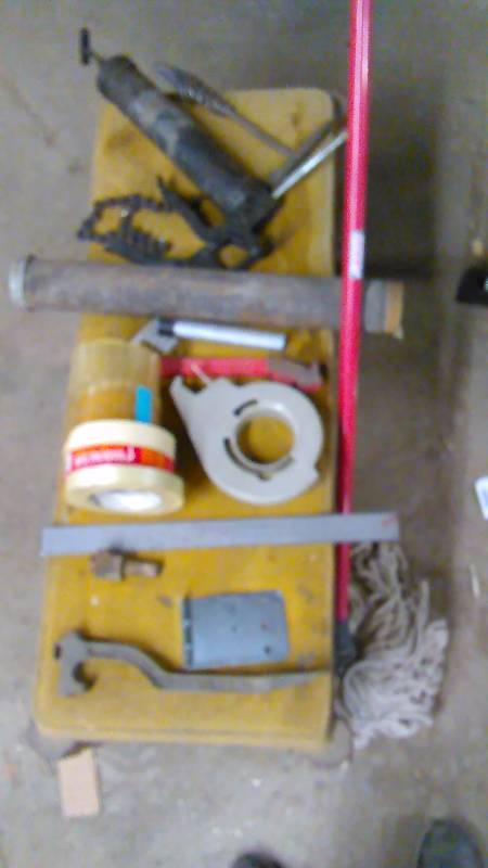 lot 641 image: Misc. Tape (new), Dispenser, Libman Mop, Grease Gun and more