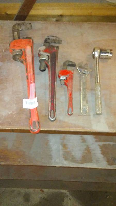lot 662 image: 16 Inch Pipe wrenches, Crescent Wrench and Socket