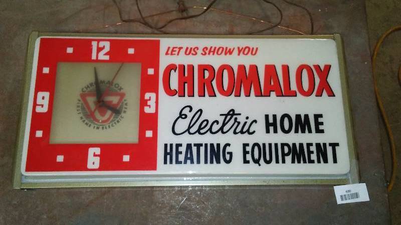 lot 680 image: Vintage Chromalox Lighted Clock and Advertising, Clock works, Made by Countryman Company Inc.