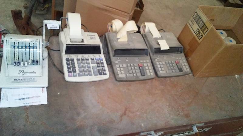 lot 682 image: Vintage Paymaster Machine, Various other office equipment including adding machines (3) and paper