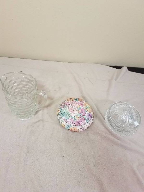 Vintage and Modern Candy Dishes with Glass Pitcher