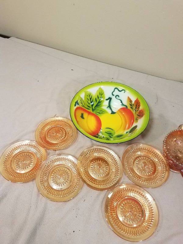 Vintage Glass DishPlates and Metal Wash Bowl