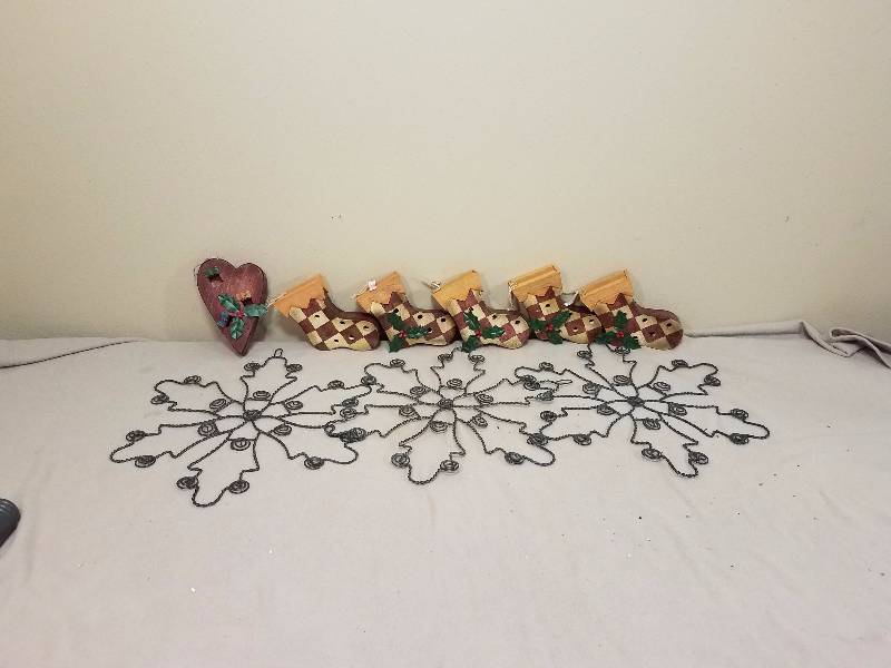 8 Stocking tin Ornaments And 2 Metal Snowflakes