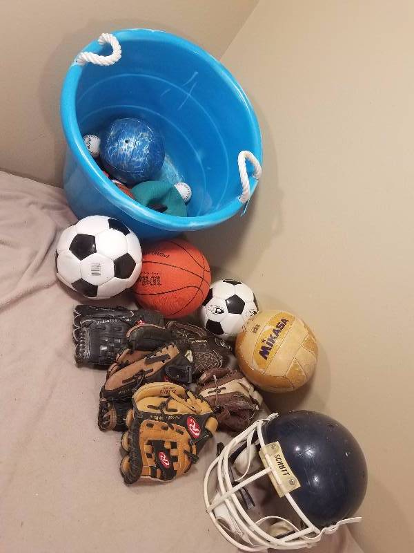 Sporting Goods Lot with Bin