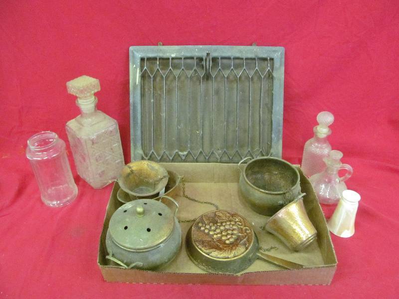 lot 102 image: vintage heat register copper dishes, glass bottles