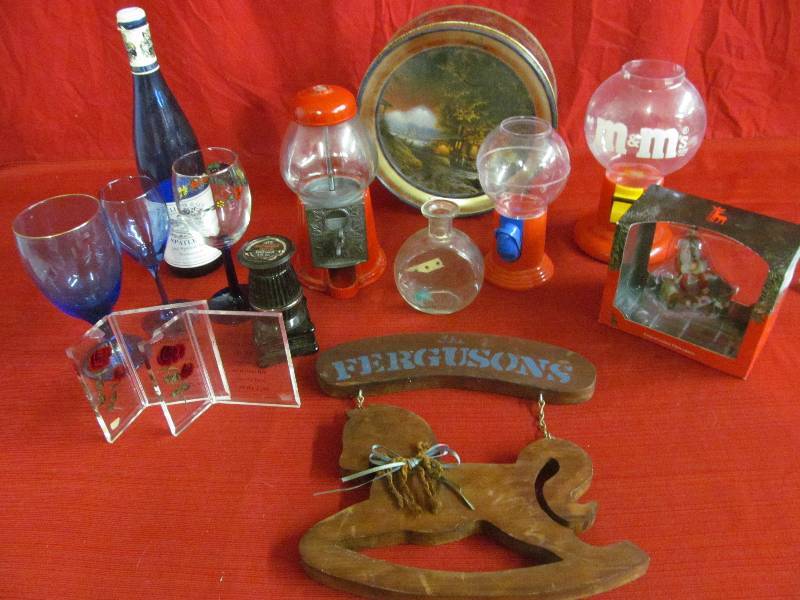 gum ball machine ,tins, glass