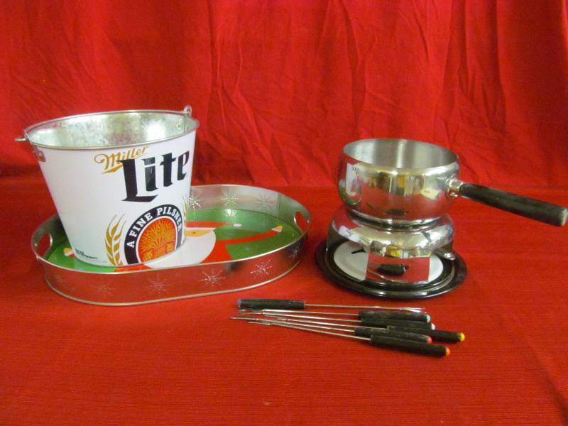 Miller Lite Bucket, tray, fondue set