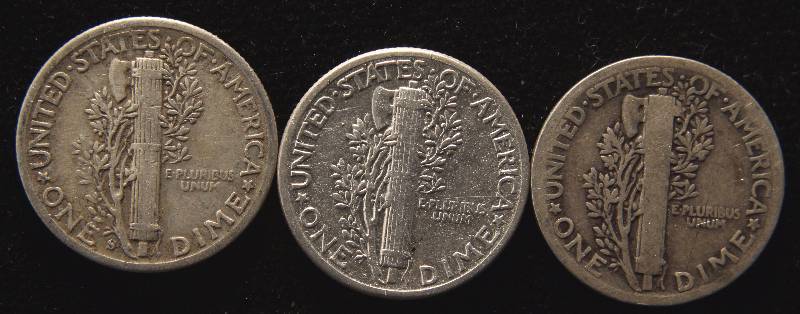 GROUP OF 3 MERCURY SILVER DIMES 1924, 1943S, 1945P