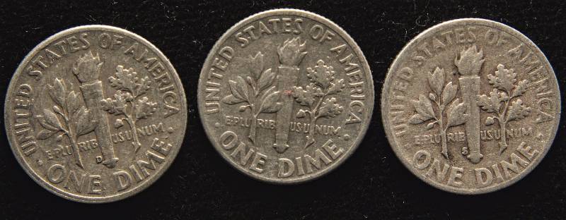 GROUP OF 3 SILVER ROOSEVELT DIMES 1946P, 1953S & 1955D