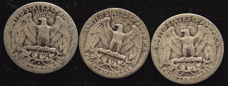 GROUP OF 3 WASHINGTON SILVER QUARTERS 1939D, 1944D, 1947D