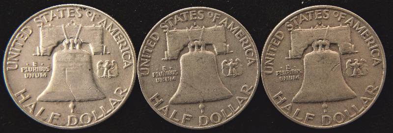 GROUP OF 3 FRANKLIN SILVER HALF DOLLARS 1957-D, 1958-D & 1959-D