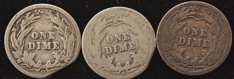 GROUP OF 3 BARBER SILVER DIMES 1901-O, 1908-D & 1911-S