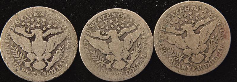 GROUP OF 3 BARBER SILVER QUARTERS 1903-O, 1912-P & 1913-D