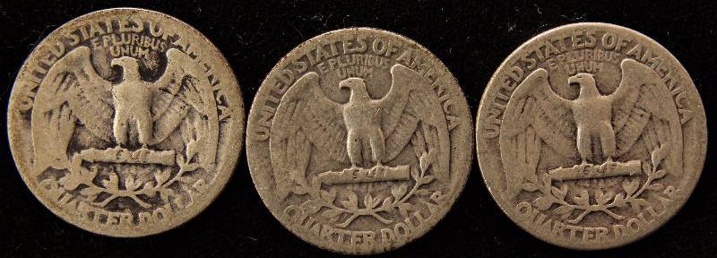 GROUP OF 3 WASHINGTON SILVER QUARTERS 1934, 1937, 1939