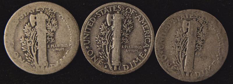 GROUP OF 3 MERCURY SILVER DIMES 1916S, 1924S, 1938S