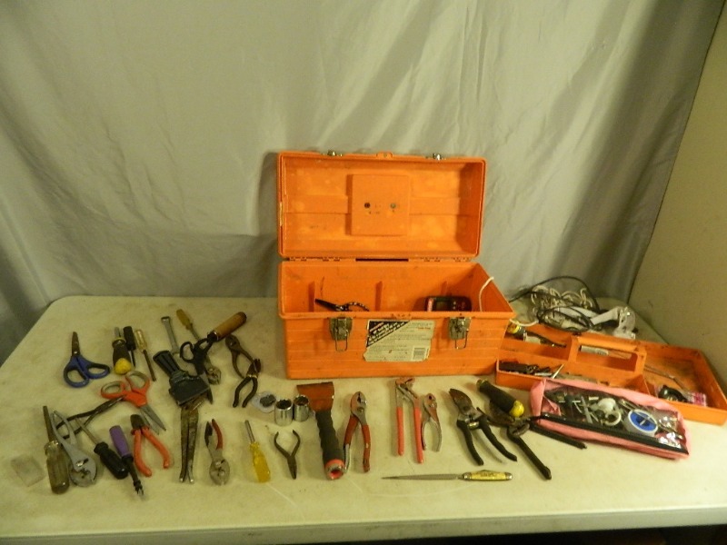 lot 33 image: Toolbox with Assorted Tools and Hardware