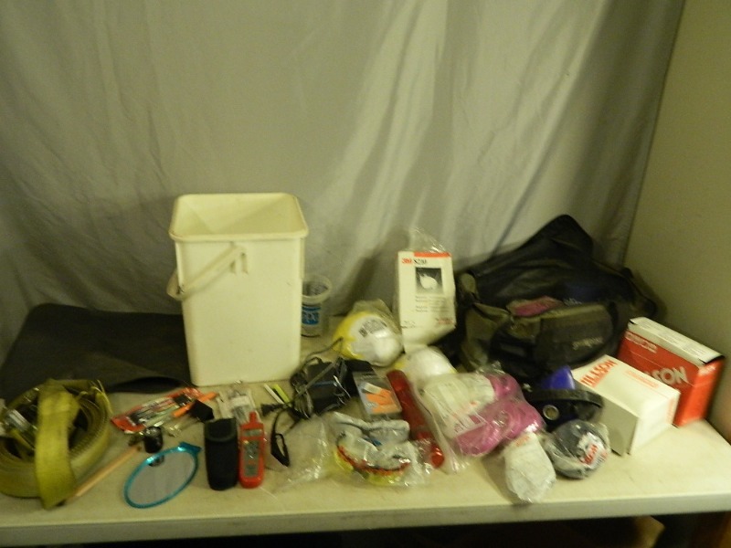 lot 60 image: Respirator, Ratchet Strap, Tools, and More