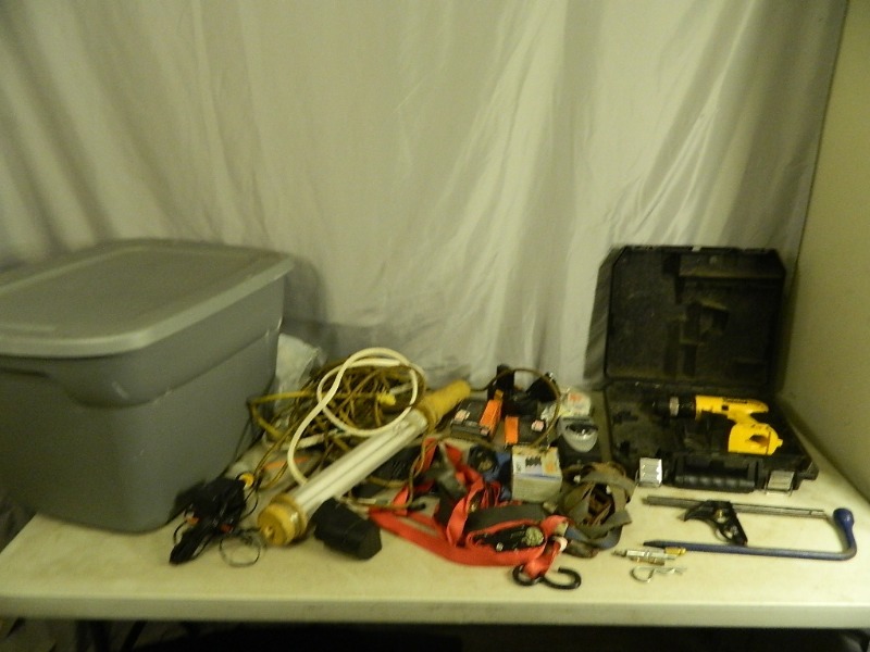 lot 76 image: Drill, Ratchet Straps, Work Light, Tools, and More