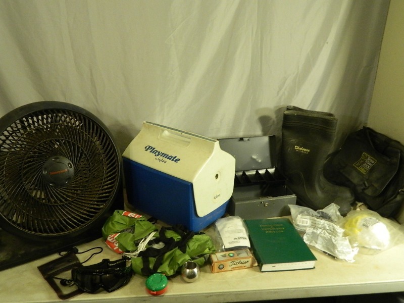 lot 82 image: Boots, Fan, Cooler, Safety Glasses, Etc
