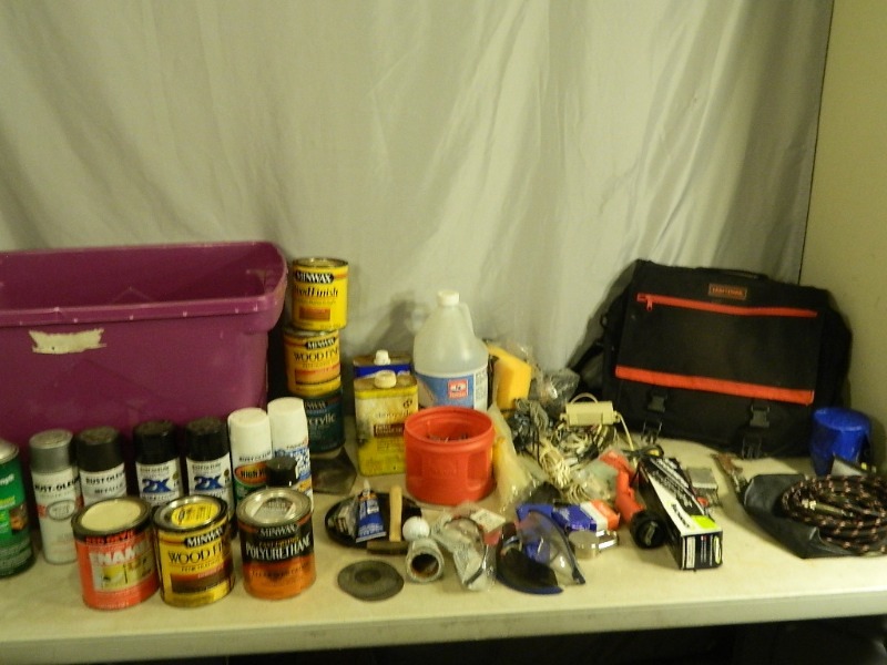lot 93 image: Tools, Craftsman Bag, Paint, Wood Stain, Etc