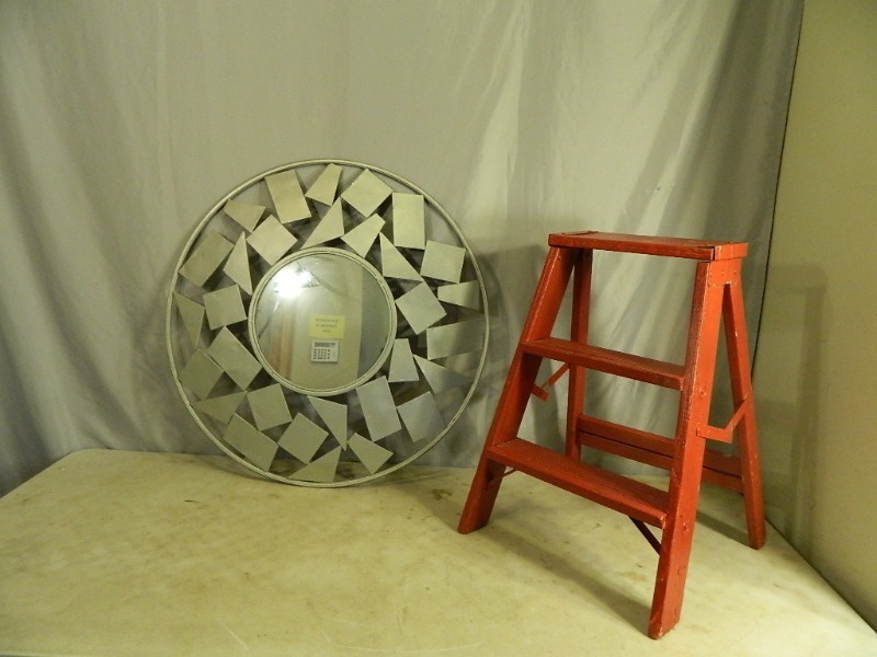 lot 101 image: Folding Wood Step Ladder and Metal Framed Mirror