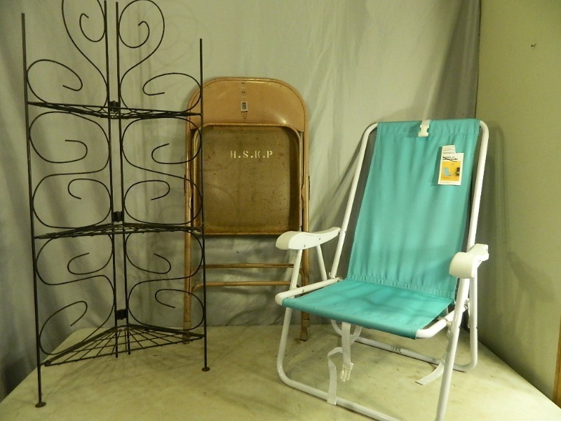 lot 146 image: New Chair, Folding Chair, and Folding Metal Shelf
