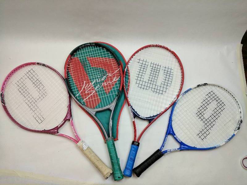 lot 64 image: Lot of 4 Jr Sized Tennis raquets (Prince, Wilson, Donnay)